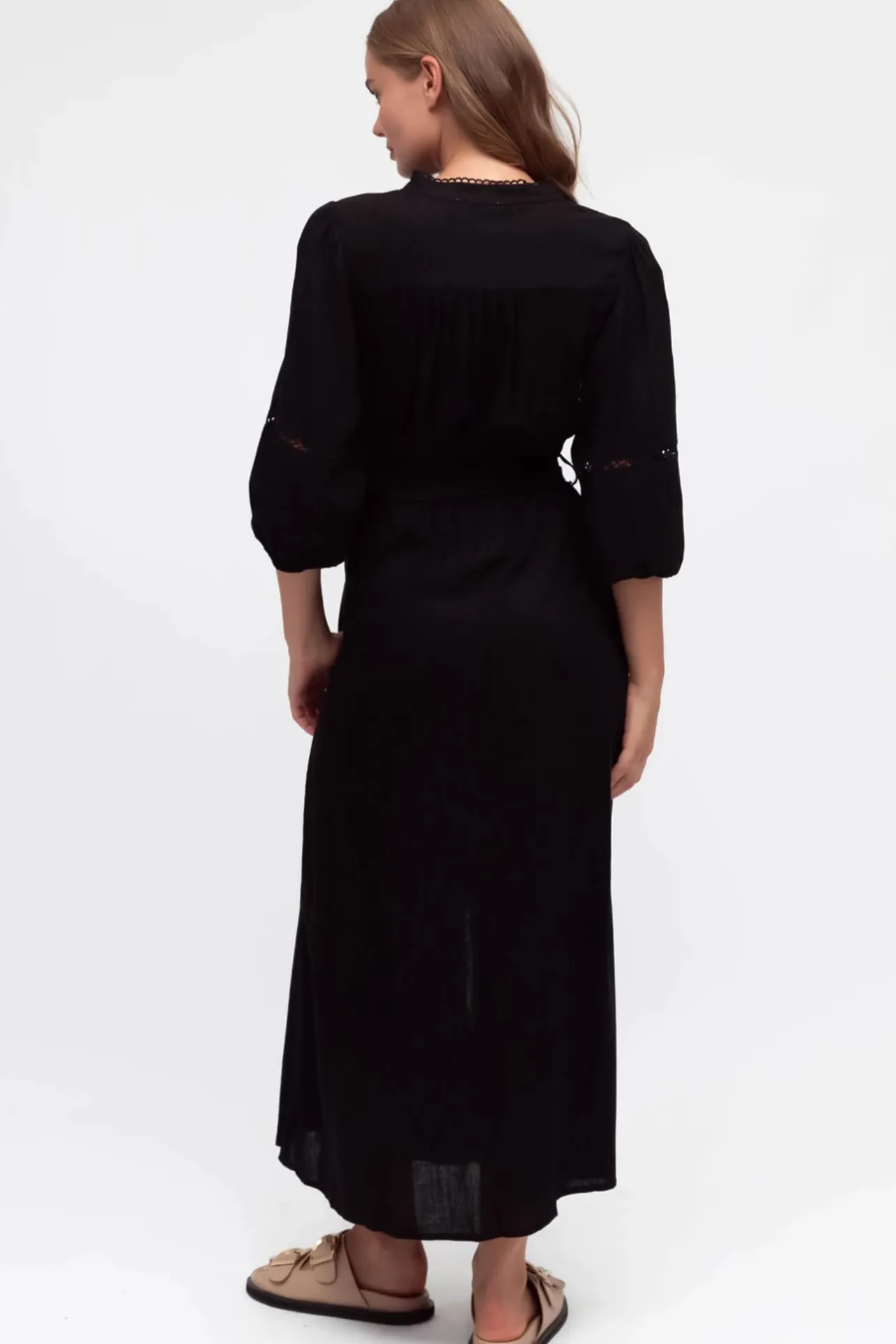 Pennelope Midi Dress - Mandarin Collar Lattice Detailing Dress with Belt in Black>Salty Crush