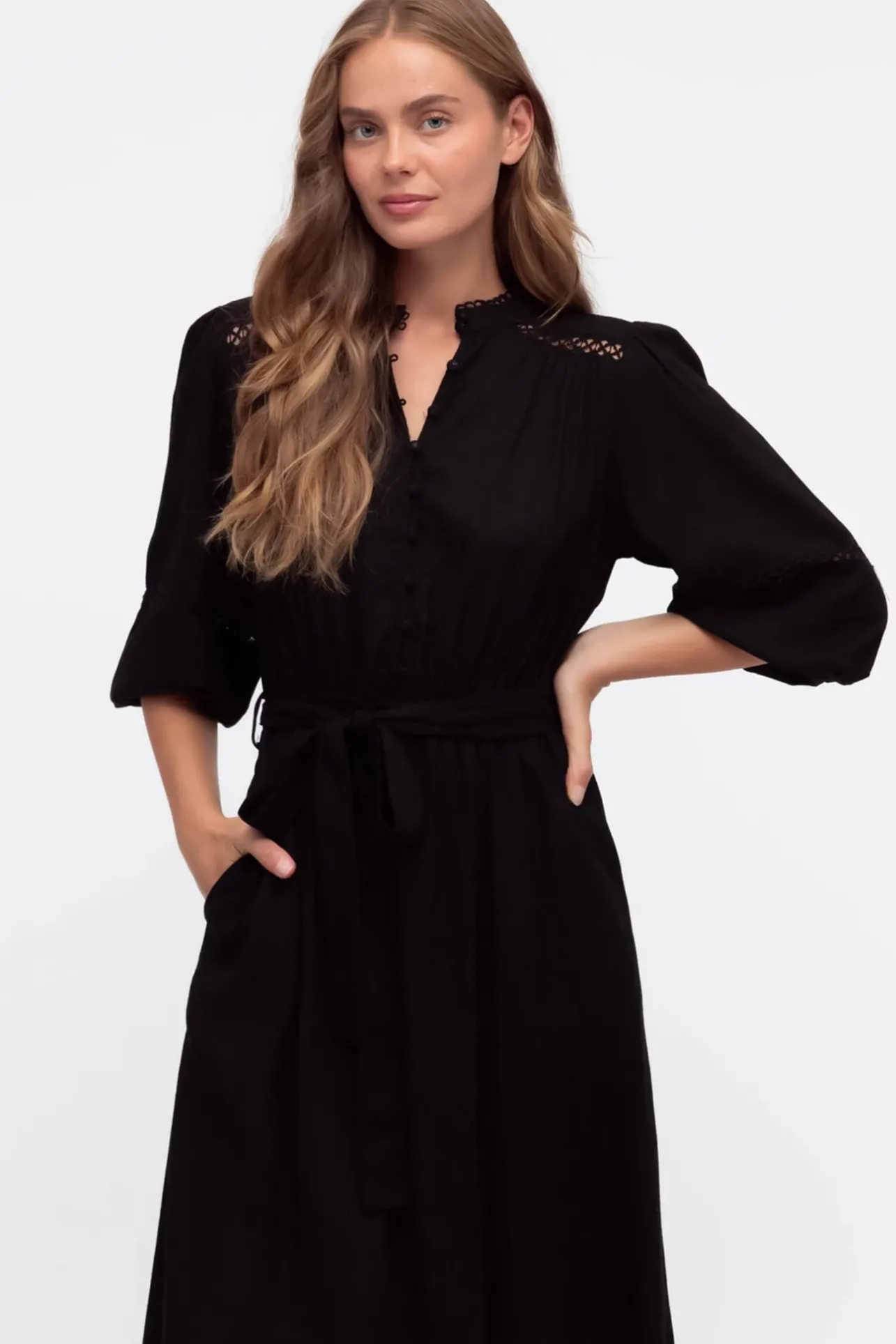 Pennelope Midi Dress - Mandarin Collar Lattice Detailing Dress with Belt in Black>Salty Crush