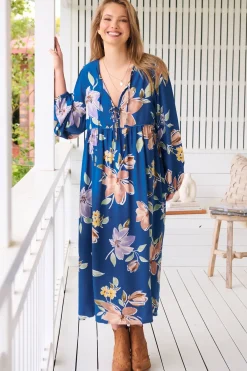 Penny Midi Dress - Double Neck Tie Smock Dress in Georgia Blue Print>Jaase Clearance