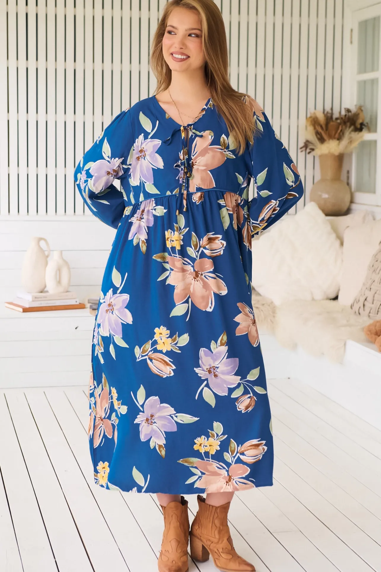 Penny Midi Dress - Double Neck Tie Smock Dress in Georgia Blue Print>Jaase Clearance