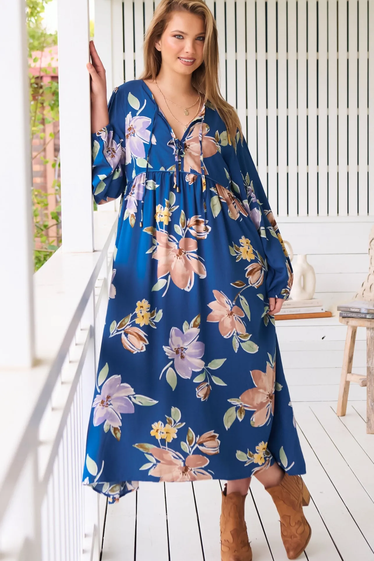 Penny Midi Dress - Double Neck Tie Smock Dress in Georgia Blue Print>Jaase Clearance
