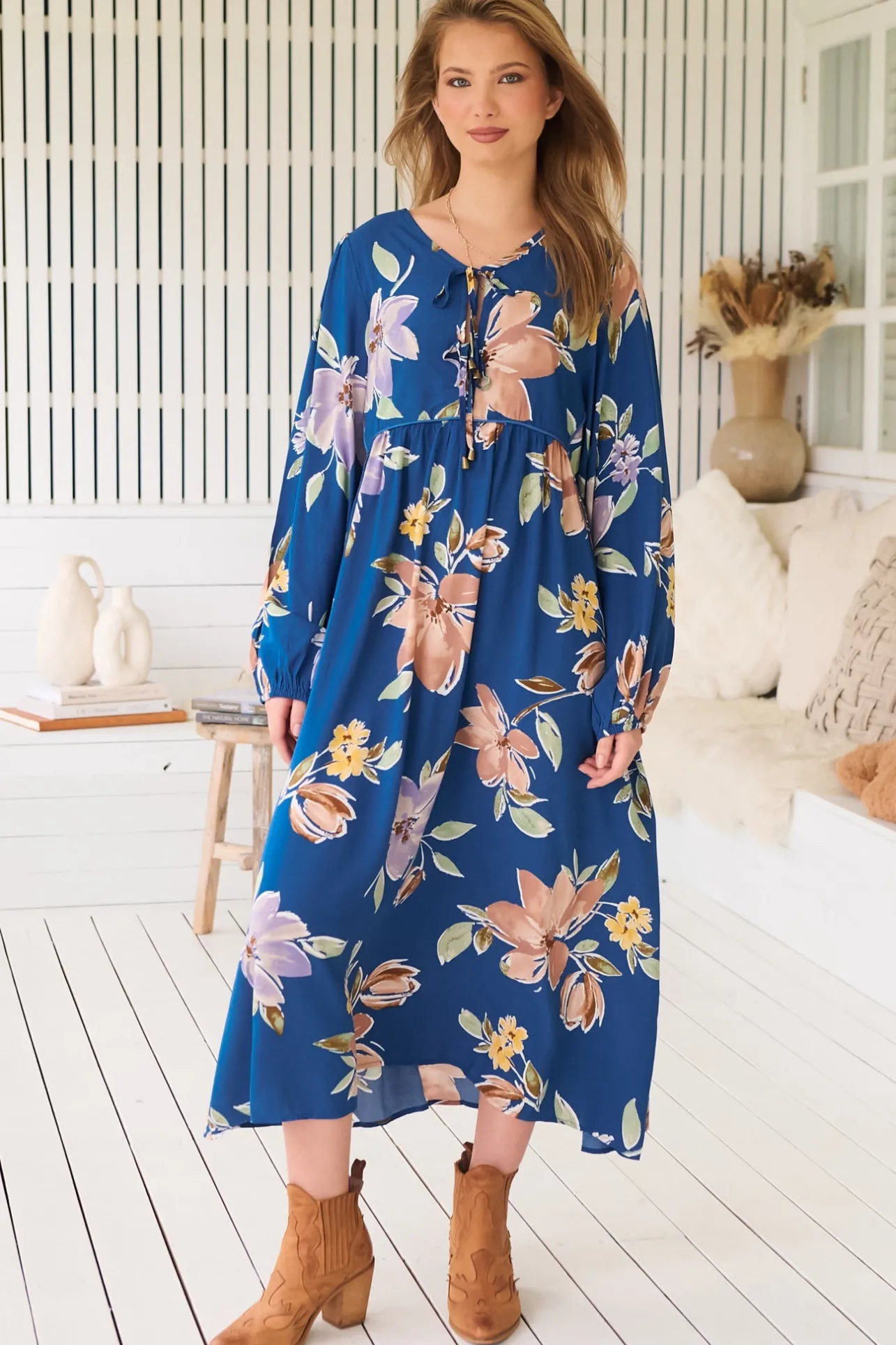 Penny Midi Dress - Double Neck Tie Smock Dress in Georgia Blue Print>Jaase Clearance