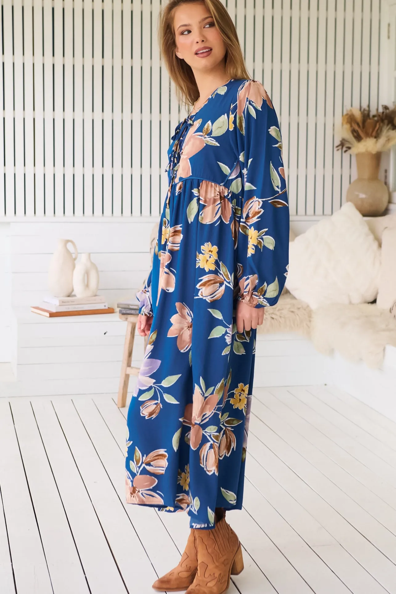 Penny Midi Dress - Double Neck Tie Smock Dress in Georgia Blue Print>Jaase Clearance