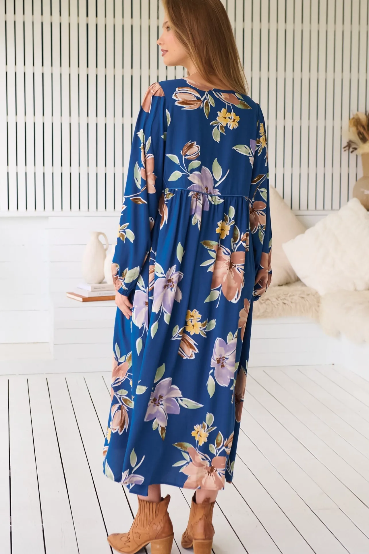 Penny Midi Dress - Double Neck Tie Smock Dress in Georgia Blue Print>Jaase Clearance