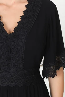 Peony Maxi Dress - Lace Detailed A Line Dress with Flute Sleeves in Black><noscript><img width=