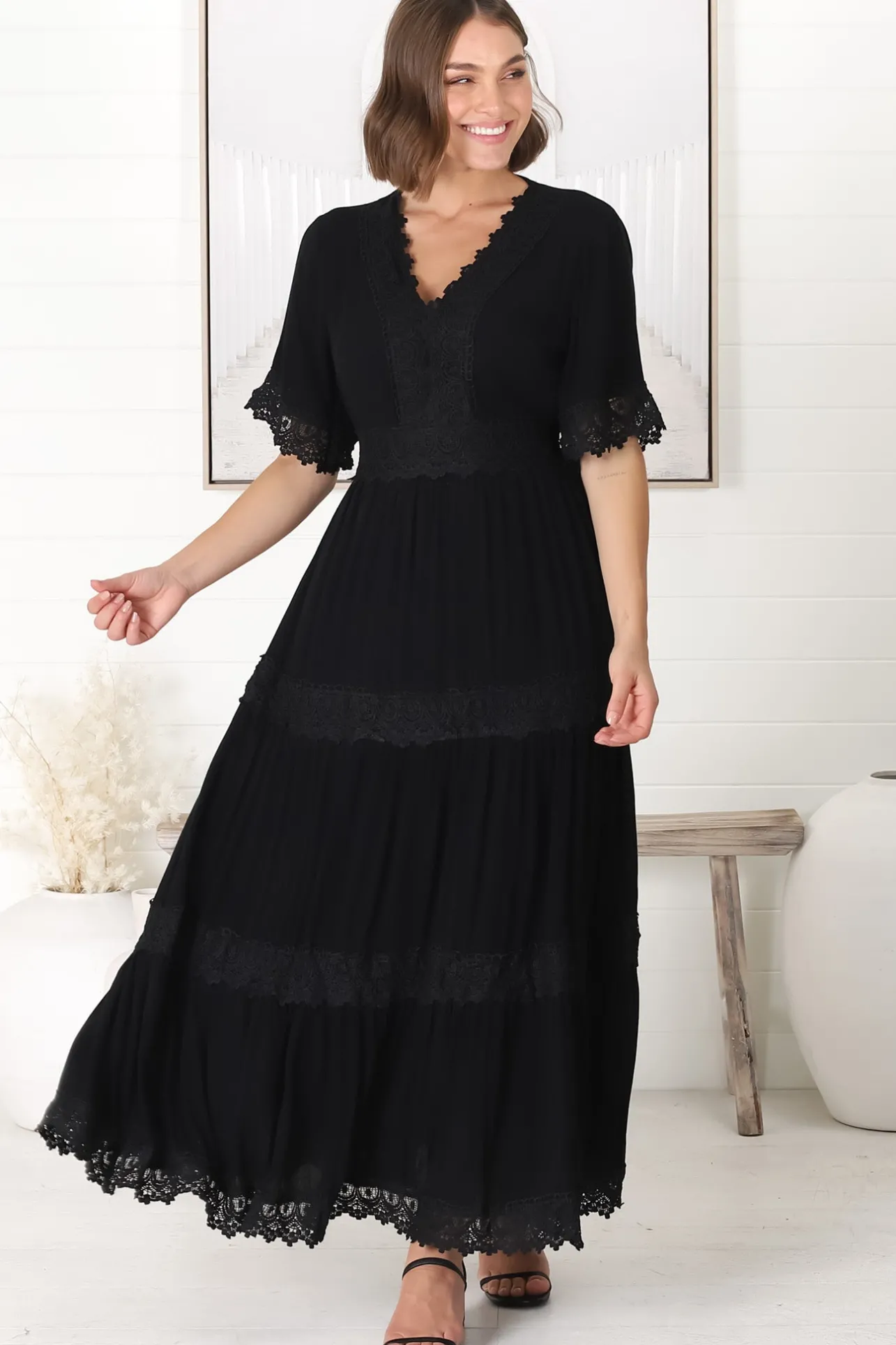 Peony Maxi Dress - Lace Detailed A Line Dress with Flute Sleeves in Black>Salty Crush