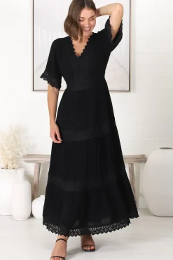 Peony Maxi Dress - Lace Detailed A Line Dress with Flute Sleeves in Black><noscript><img width=