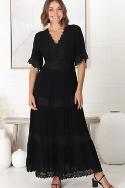 Peony Maxi Dress - Lace Detailed A Line Dress with Flute Sleeves in Black><noscript><img width=