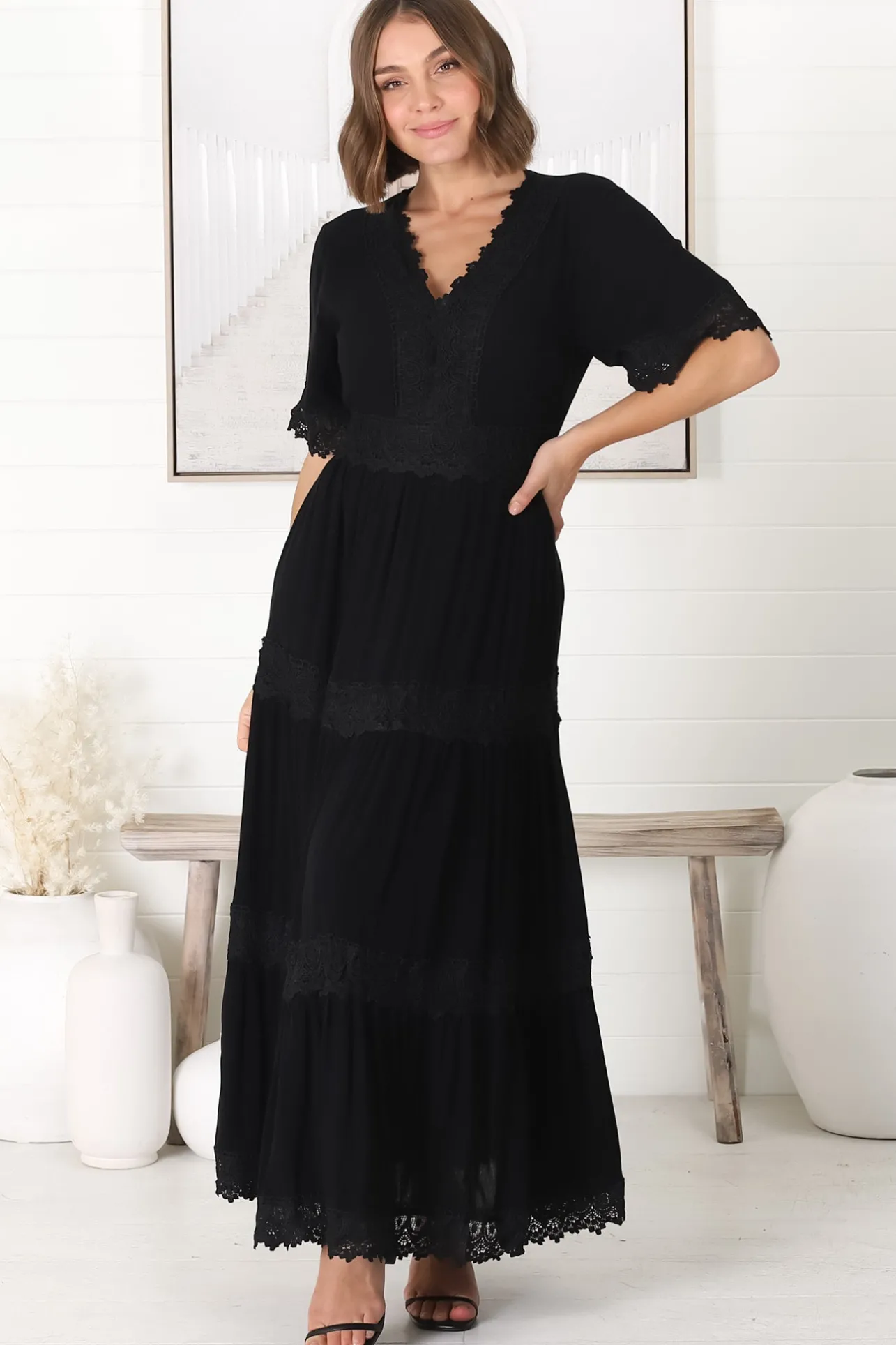 Peony Maxi Dress - Lace Detailed A Line Dress with Flute Sleeves in Black>Salty Crush