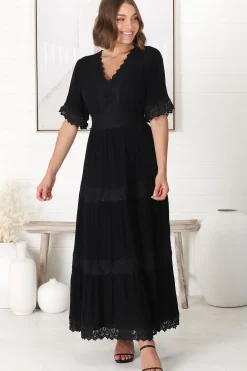 Peony Maxi Dress - Lace Detailed A Line Dress with Flute Sleeves in Black><noscript><img width=