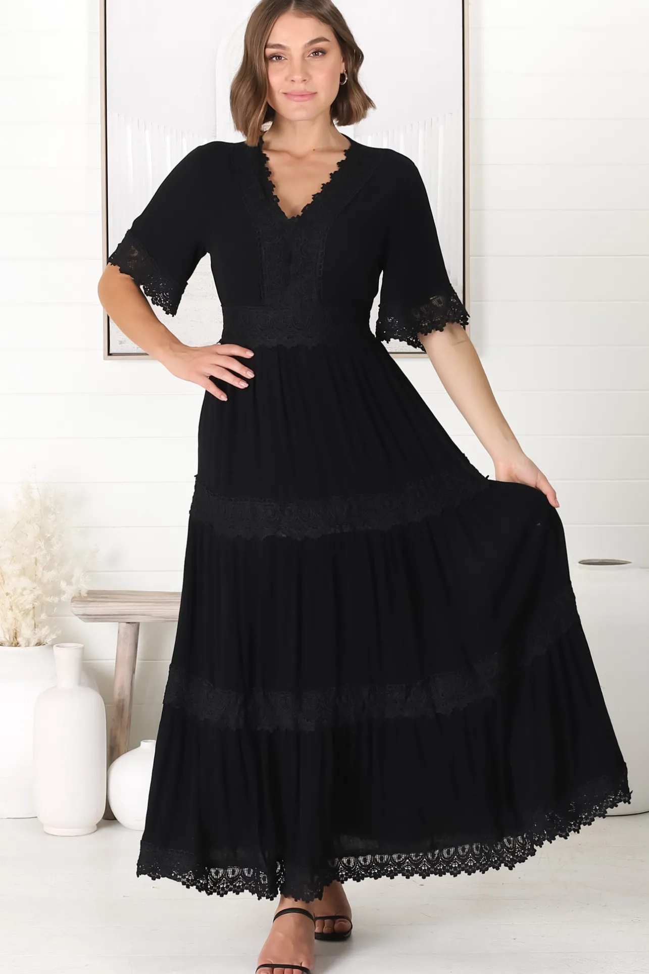 Peony Maxi Dress - Lace Detailed A Line Dress with Flute Sleeves in Black>Salty Crush