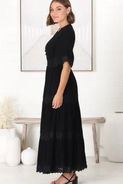 Peony Maxi Dress - Lace Detailed A Line Dress with Flute Sleeves in Black><noscript><img width=