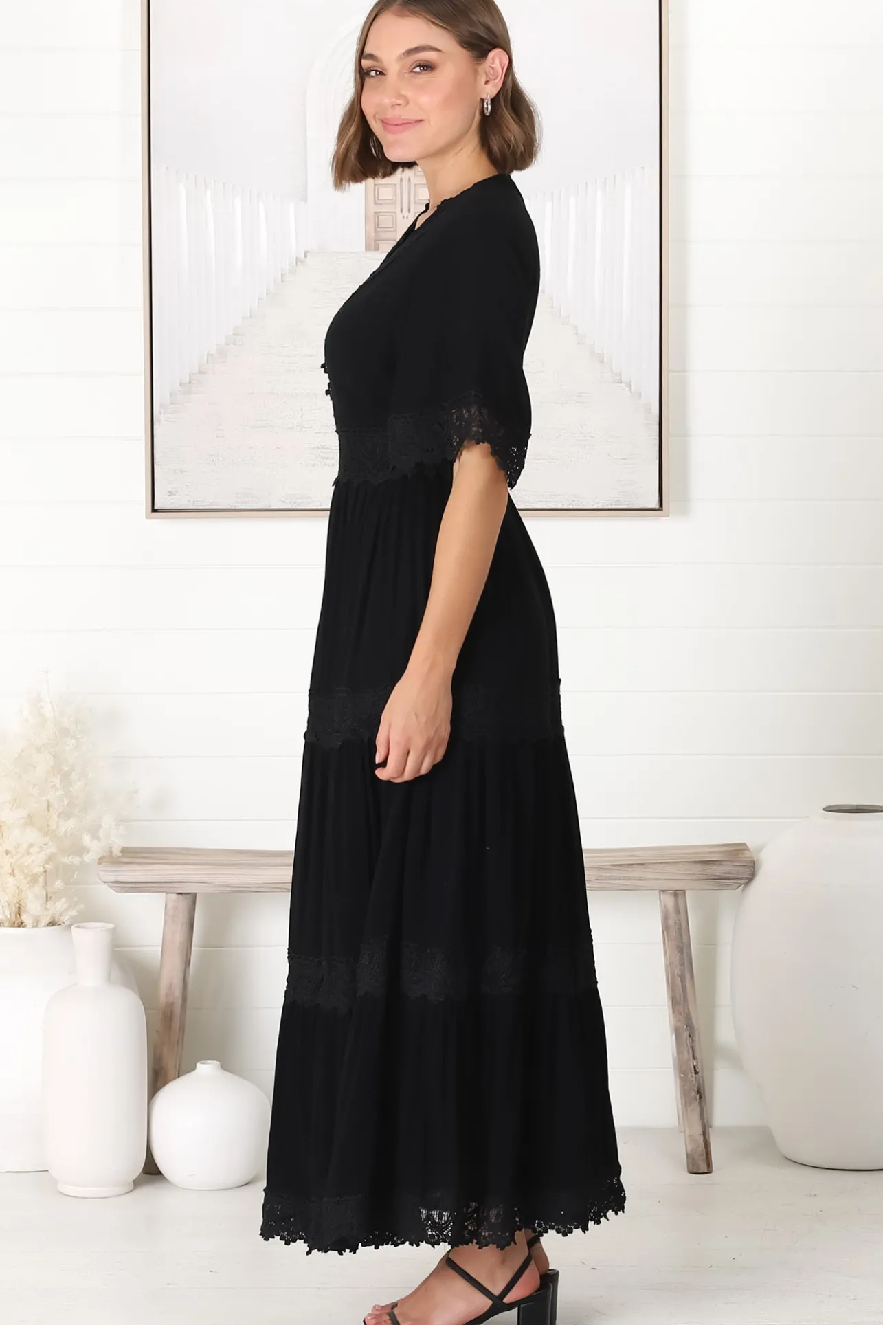 Peony Maxi Dress - Lace Detailed A Line Dress with Flute Sleeves in Black>Salty Crush
