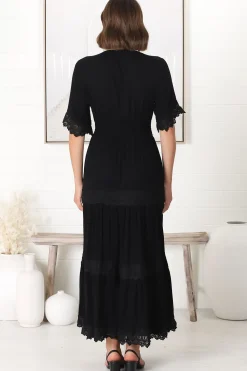 Peony Maxi Dress - Lace Detailed A Line Dress with Flute Sleeves in Black><noscript><img width=