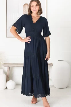 Peony Maxi Dress - Lace Detailed A Line Dress with Flute Sleeves in Navy>Salty Crush New