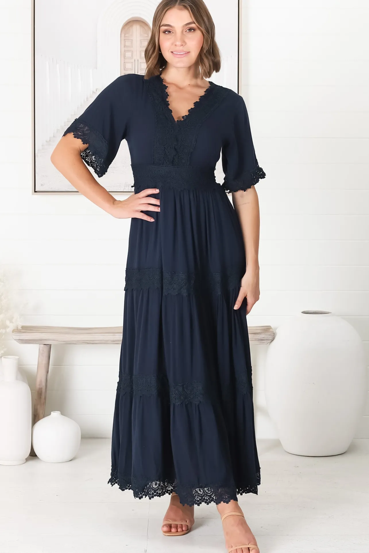 Peony Maxi Dress - Lace Detailed A Line Dress with Flute Sleeves in Navy>Salty Crush New