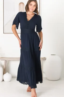 Peony Maxi Dress - Lace Detailed A Line Dress with Flute Sleeves in Navy><noscript><img width=