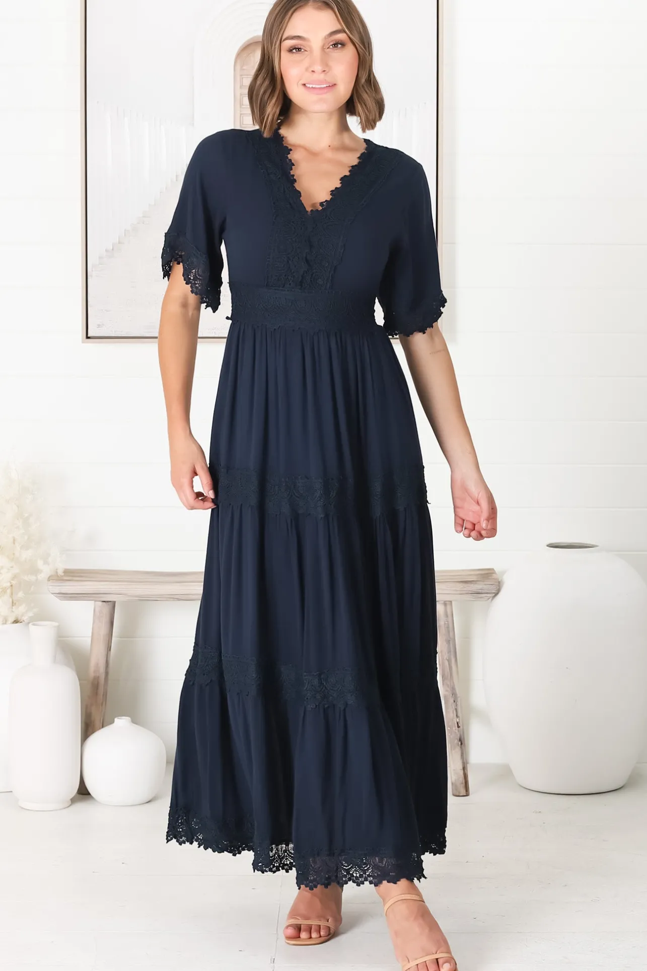 Peony Maxi Dress - Lace Detailed A Line Dress with Flute Sleeves in Navy>Salty Crush New