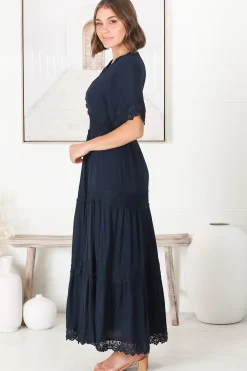 Peony Maxi Dress - Lace Detailed A Line Dress with Flute Sleeves in Navy><noscript><img width=
