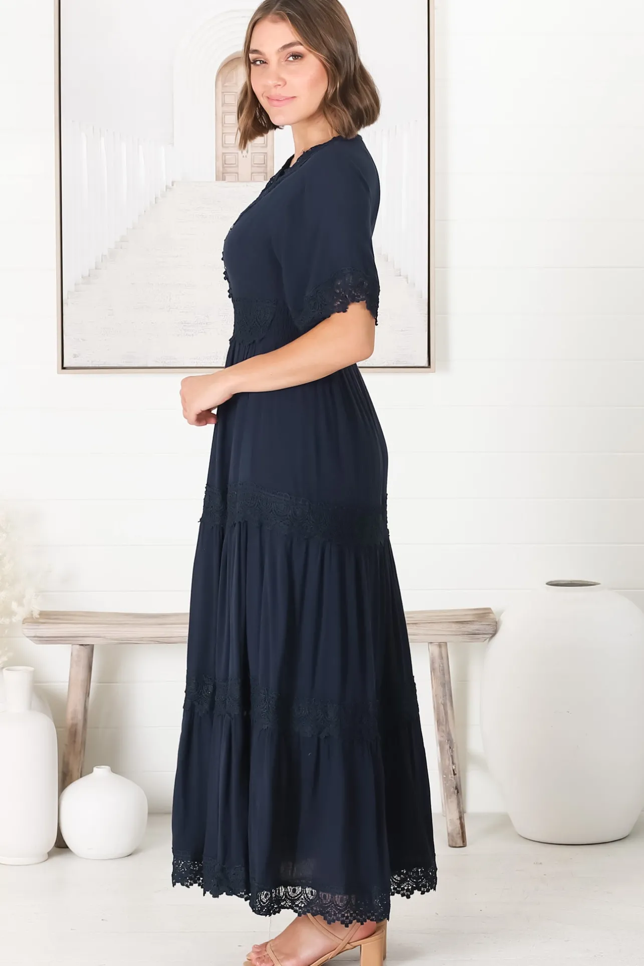 Peony Maxi Dress - Lace Detailed A Line Dress with Flute Sleeves in Navy>Salty Crush New
