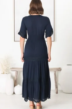 Peony Maxi Dress - Lace Detailed A Line Dress with Flute Sleeves in Navy><noscript><img width=
