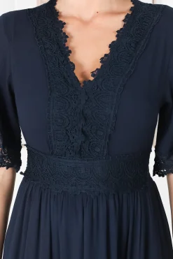 Peony Maxi Dress - Lace Detailed A Line Dress with Flute Sleeves in Navy><noscript><img width=