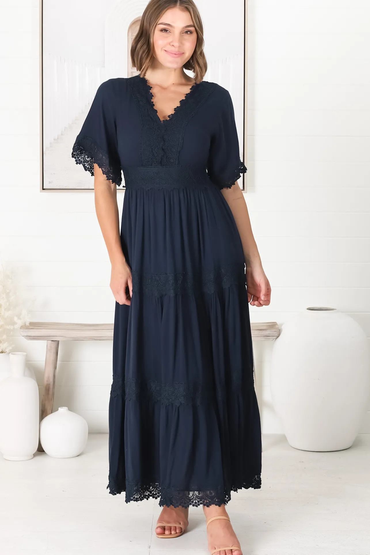 Peony Maxi Dress - Lace Detailed A Line Dress with Flute Sleeves in Navy>Salty Crush New