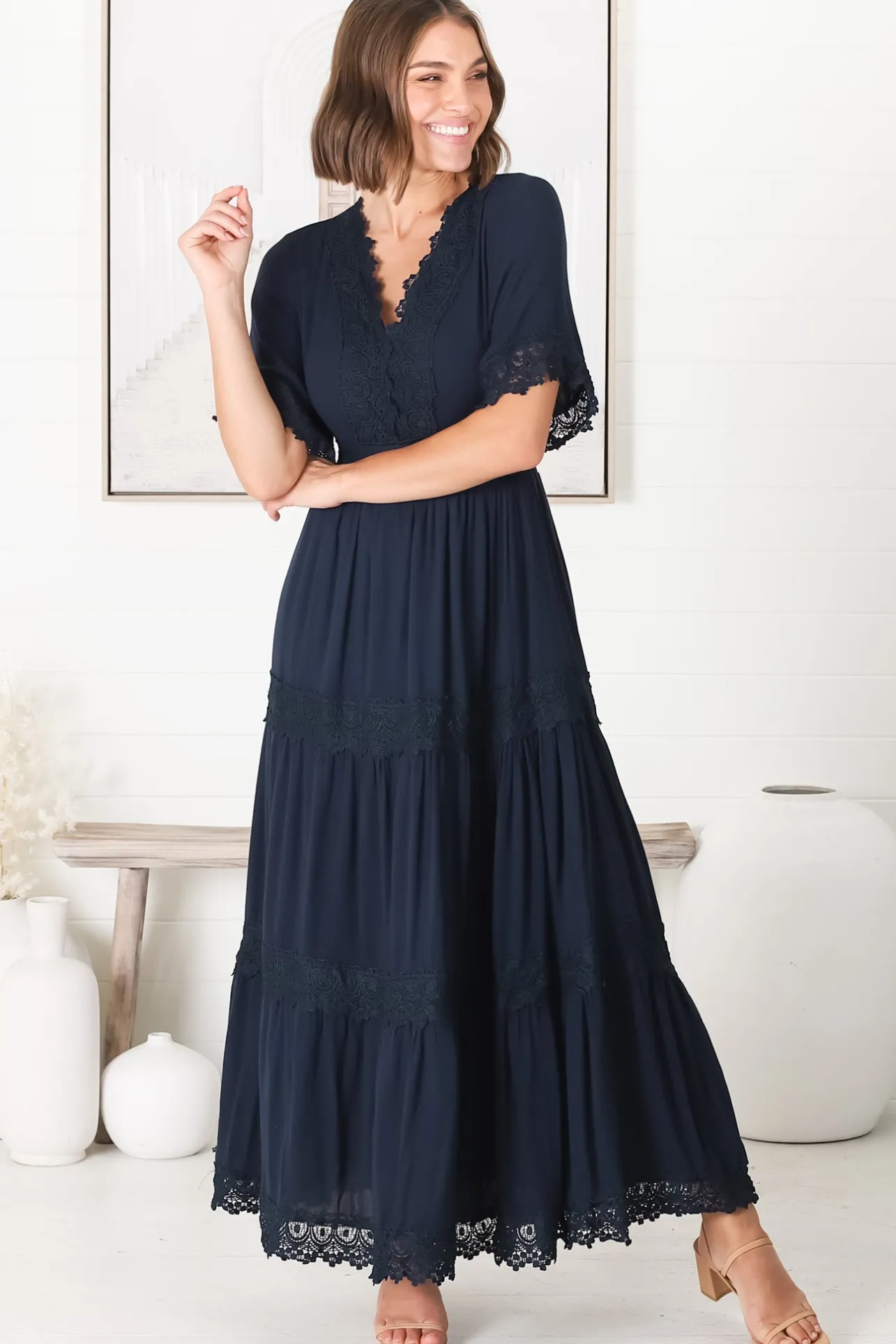 Peony Maxi Dress - Lace Detailed A Line Dress with Flute Sleeves in Navy>Salty Crush New