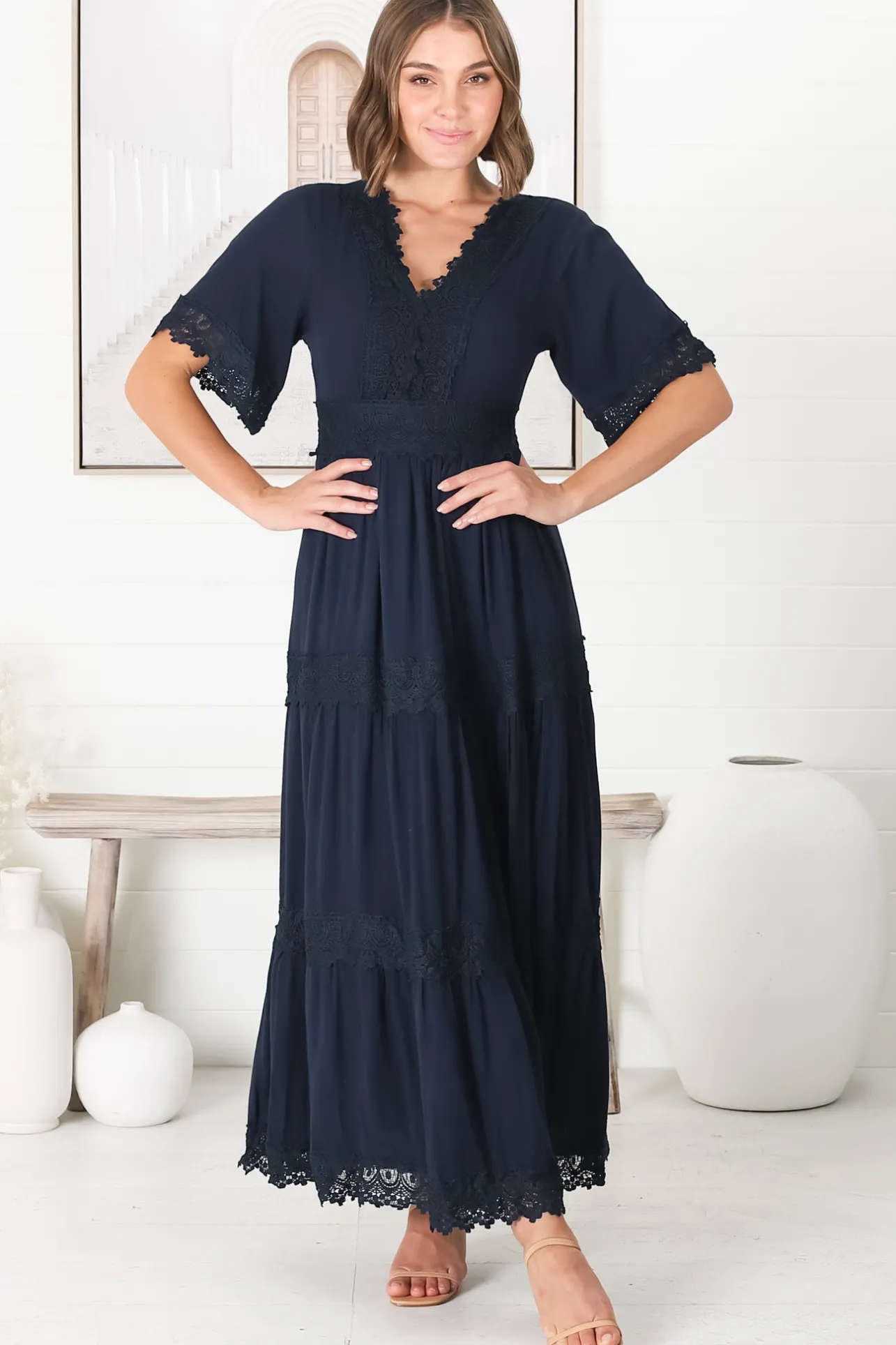 Peony Maxi Dress - Lace Detailed A Line Dress with Flute Sleeves in Navy>Salty Crush New