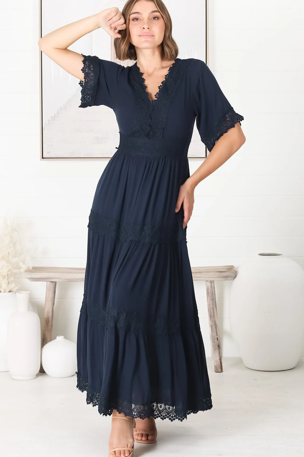 Peony Maxi Dress - Lace Detailed A Line Dress with Flute Sleeves in Navy>Salty Crush New