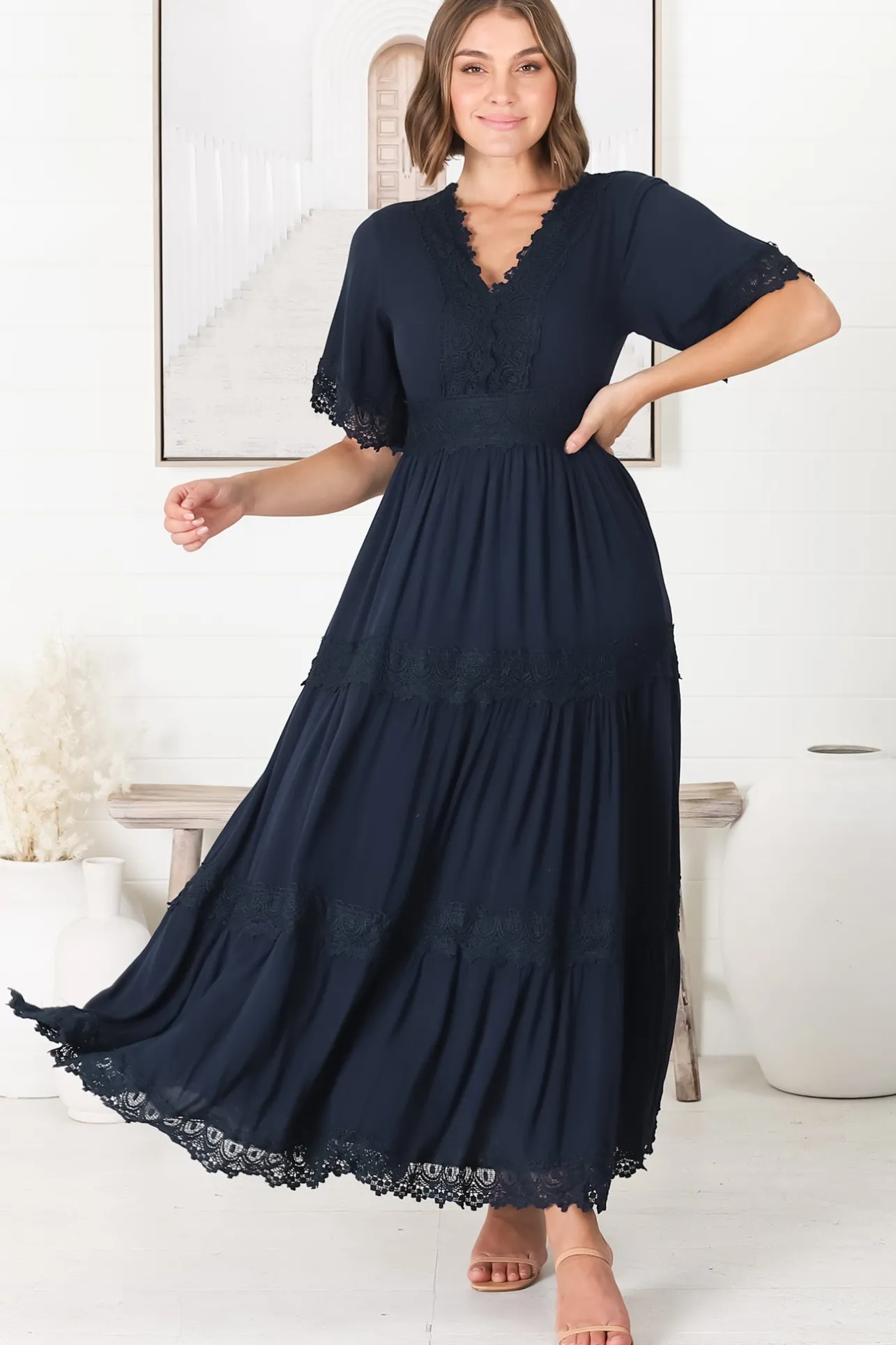 Peony Maxi Dress - Lace Detailed A Line Dress with Flute Sleeves in Navy>Salty Crush New