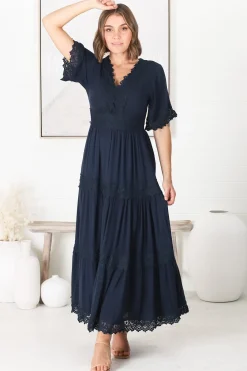Peony Maxi Dress - Lace Detailed A Line Dress with Flute Sleeves in Navy><noscript><img width=