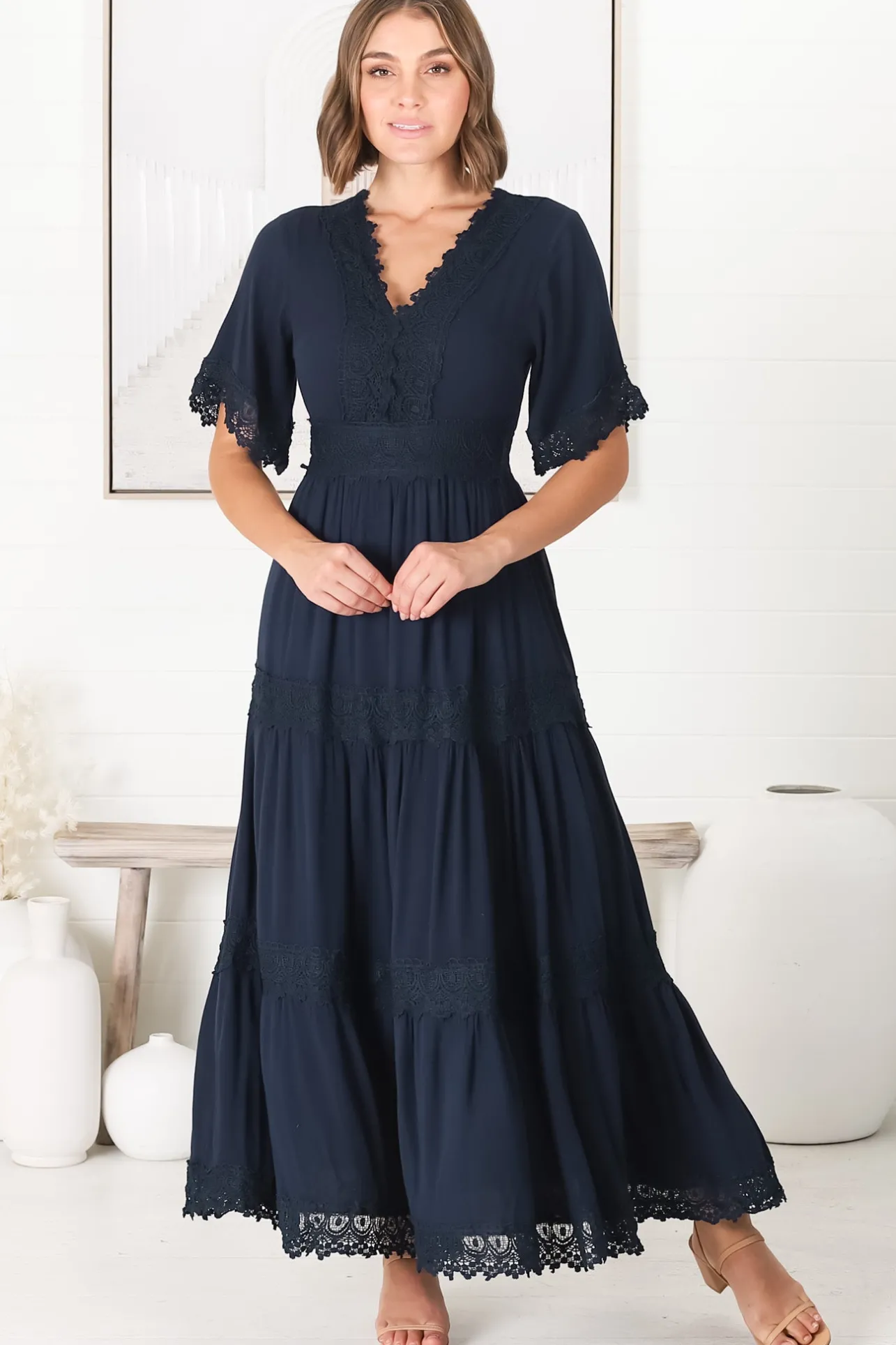 Peony Maxi Dress - Lace Detailed A Line Dress with Flute Sleeves in Navy>Salty Crush New