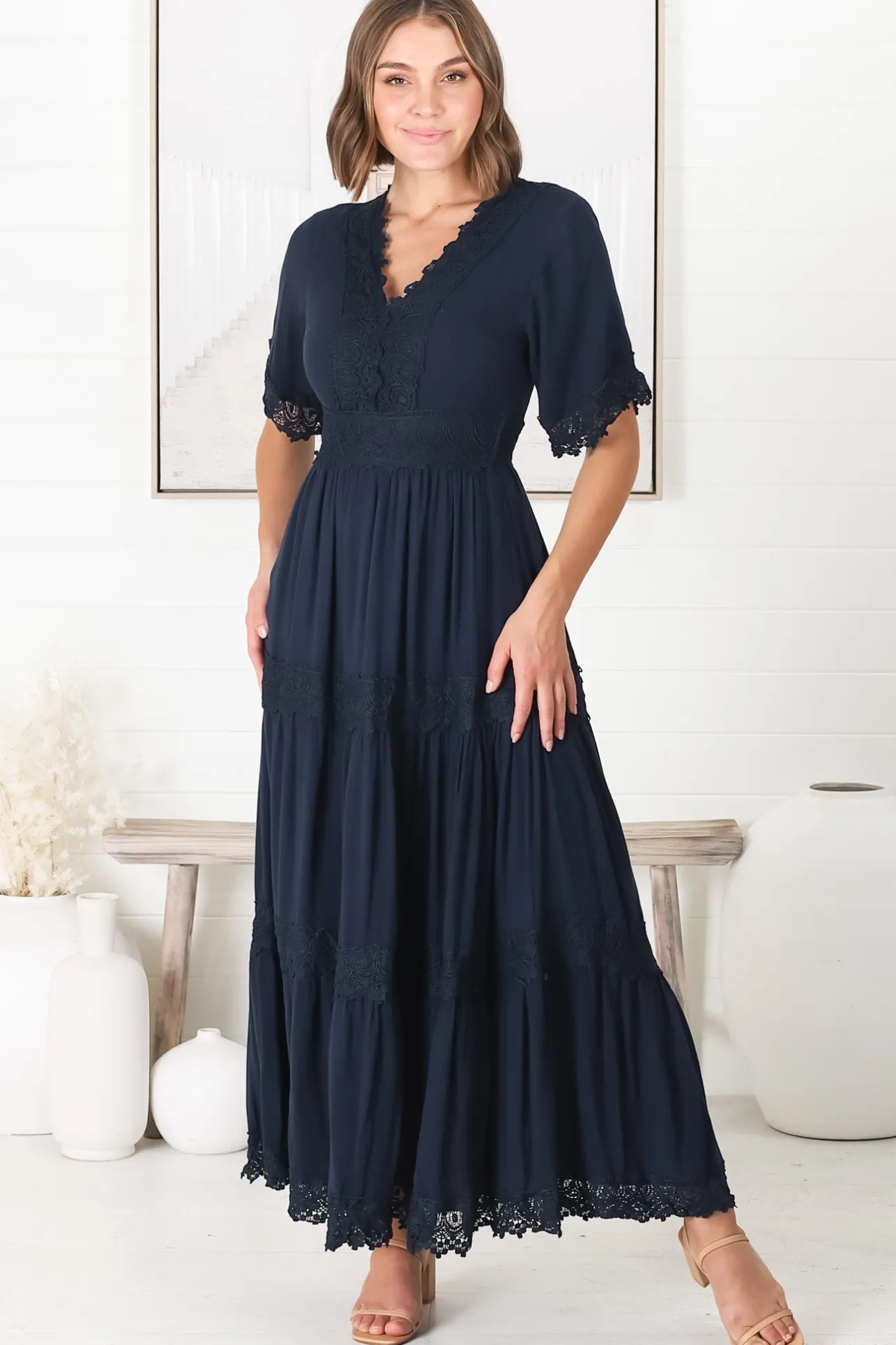 Peony Maxi Dress - Lace Detailed A Line Dress with Flute Sleeves in Navy>Salty Crush New