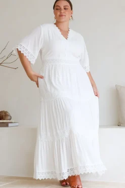 Peony Maxi Dress - Lace Detailed A Line Dress with Flute Sleeves in White>Salty Crush New
