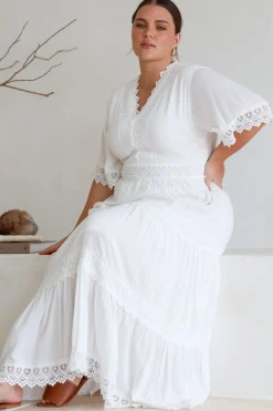 Peony Maxi Dress - Lace Detailed A Line Dress with Flute Sleeves in White><noscript><img width=