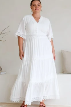 Peony Maxi Dress - Lace Detailed A Line Dress with Flute Sleeves in White><noscript><img width=