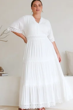 Peony Maxi Dress - Lace Detailed A Line Dress with Flute Sleeves in White><noscript><img width=