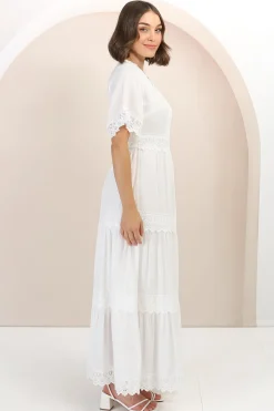Peony Maxi Dress - Lace Detailed A Line Dress with Flute Sleeves in White><noscript><img width=