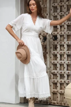 Peony Maxi Dress - Lace Detailed A Line Dress with Flute Sleeves in White><noscript><img width=
