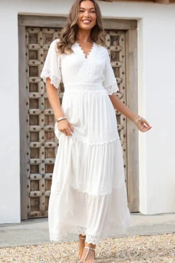Peony Maxi Dress - Lace Detailed A Line Dress with Flute Sleeves in White><noscript><img width=