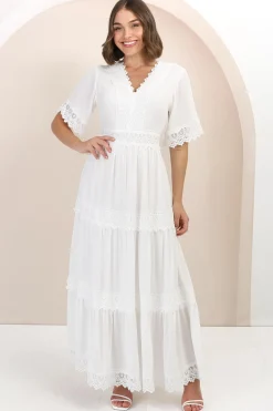 Peony Maxi Dress - Lace Detailed A Line Dress with Flute Sleeves in White><noscript><img width=