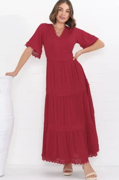 Peony Maxi Dress - Lace Detailed A Line Dress with Flute Sleeves in Red>Salty Crush New