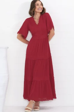 Peony Maxi Dress - Lace Detailed A Line Dress with Flute Sleeves in Red><noscript><img width=