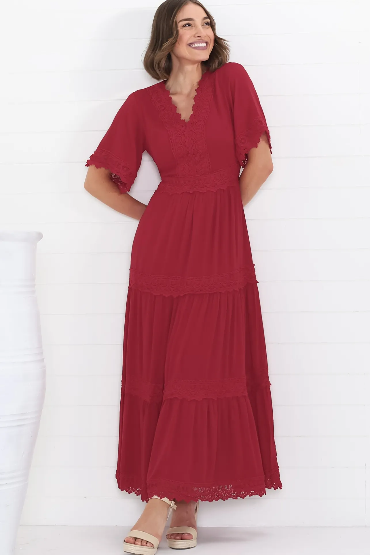 Peony Maxi Dress - Lace Detailed A Line Dress with Flute Sleeves in Red>Salty Crush New