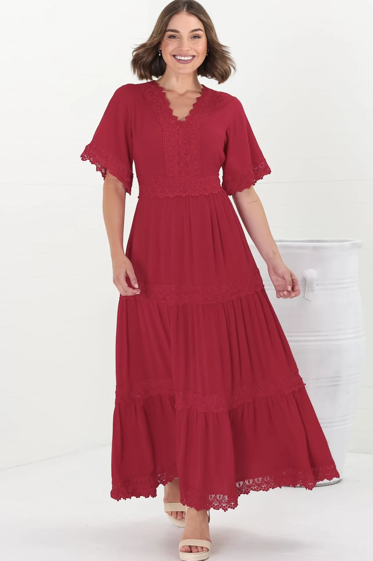 Peony Maxi Dress - Lace Detailed A Line Dress with Flute Sleeves in Red>Salty Crush New