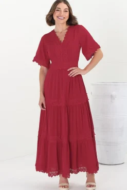 Peony Maxi Dress - Lace Detailed A Line Dress with Flute Sleeves in Red><noscript><img width=