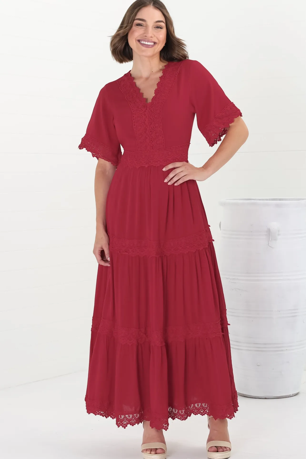 Peony Maxi Dress - Lace Detailed A Line Dress with Flute Sleeves in Red>Salty Crush New