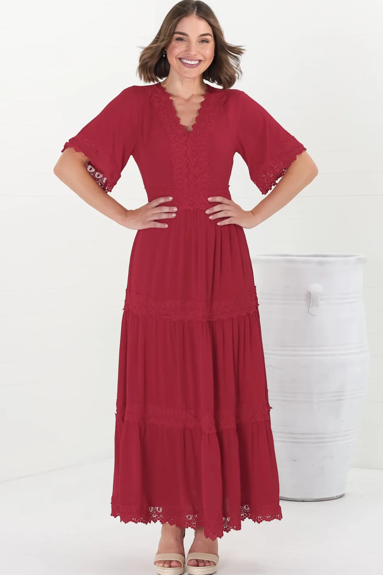 Peony Maxi Dress - Lace Detailed A Line Dress with Flute Sleeves in Red>Salty Crush New