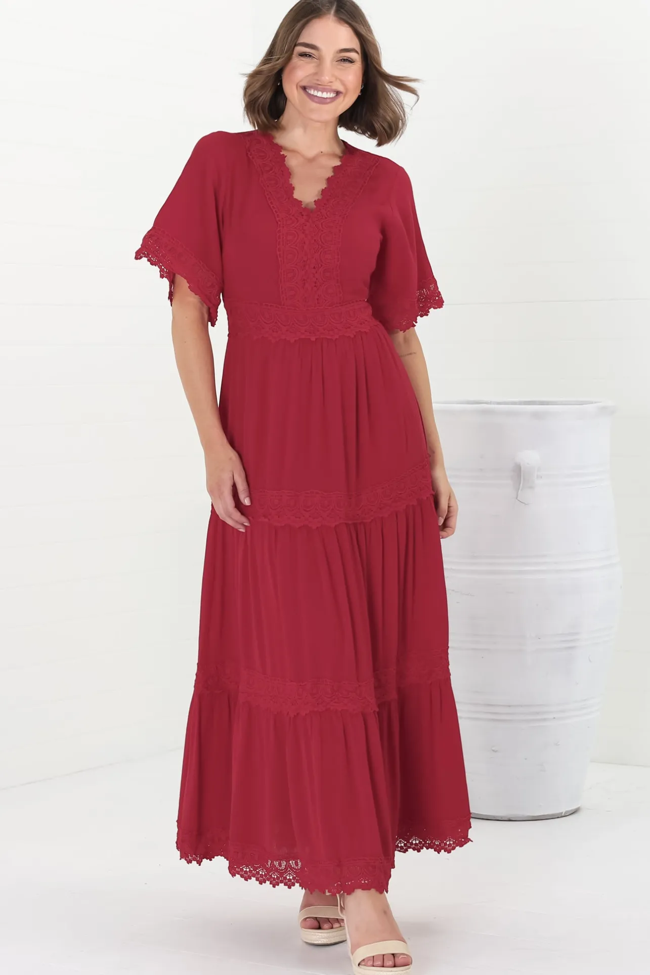 Peony Maxi Dress - Lace Detailed A Line Dress with Flute Sleeves in Red>Salty Crush New